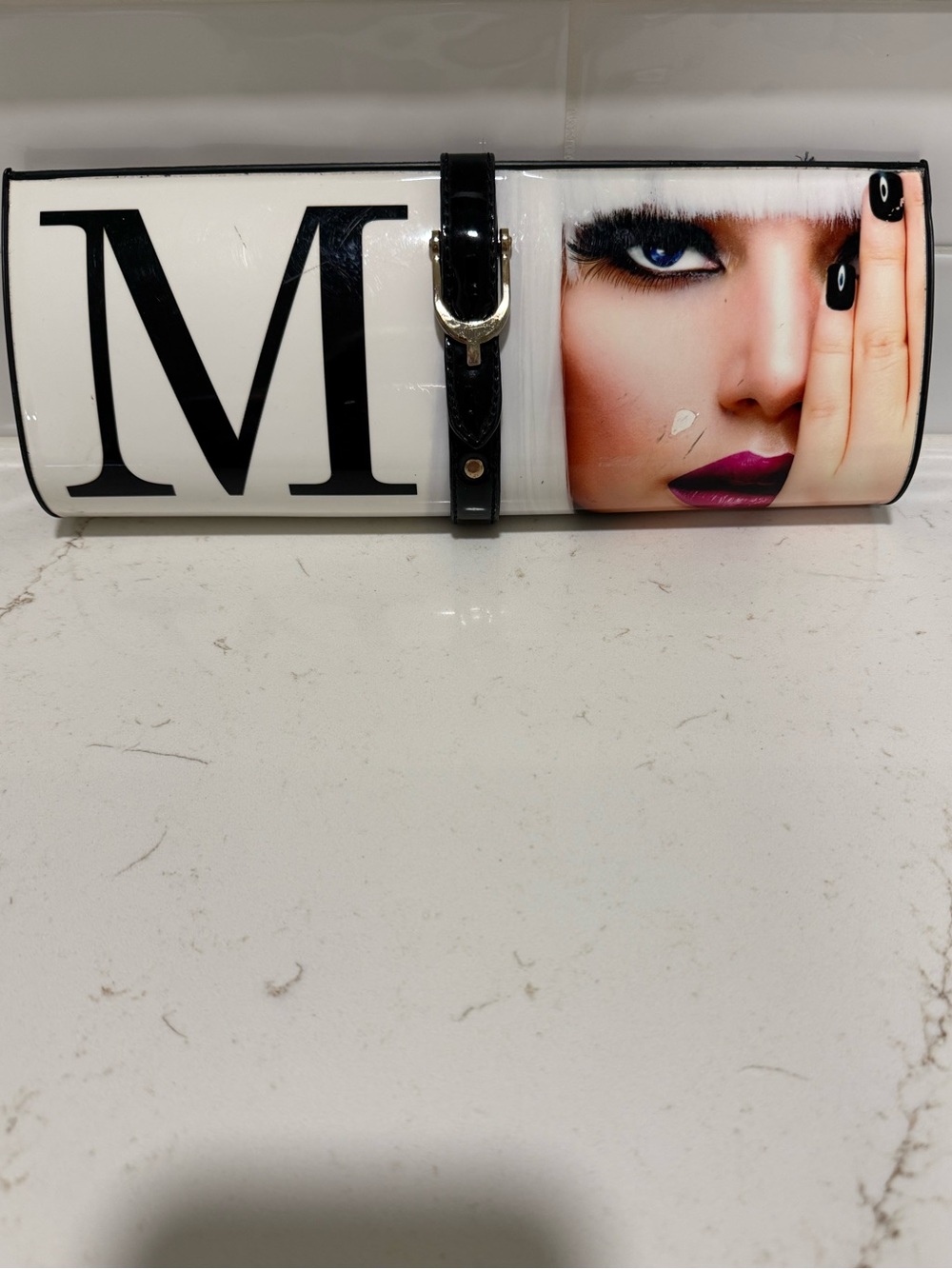 Graphic Face Print Vinyl Clutch Wallet - White & Black